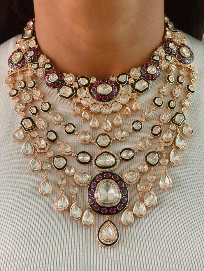 PRERTO ECOMMERCE PRIVATE LIMITED Necklaces Maharani Sikra Samatra Polki Kundan Emerald Ruby Detail Necklace Set 2Necklace 2Earrings 1Mang Tika