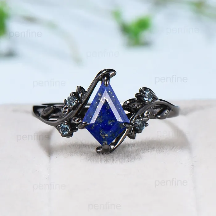 Rings PENFINE Unique Black Gold Lapis Lazuli Engagement Ring Kite cut Natural Inspired Leaf vine Cluster Alexandrite ring branch Anniversary Promise Gift Rings PENFINE Unique Black Gold Lapis Lazuli Engagement Ring Kite cut Natural Inspired Leaf vine Cluster Alexandrite ring branch Anniversary Promise Gift