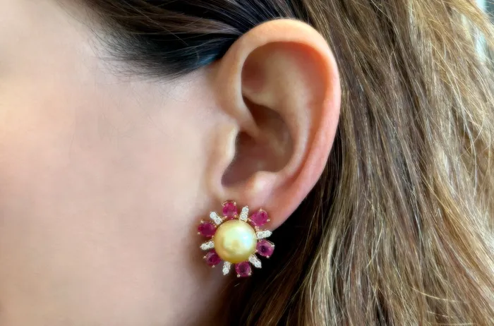 Albert Hern Earrings Earrings 18kt Gold Pearls with Sapphires Diamonds Flowers Albert Hern Earrings Earrings 18kt Gold Pearls with Sapphires Diamonds Flowers