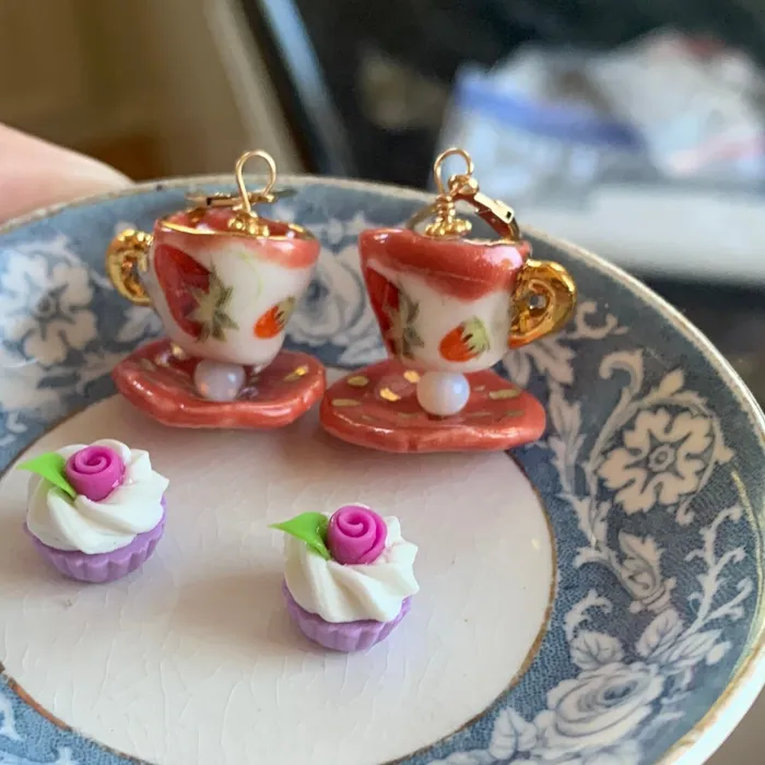 Love Vintage Paris Earrings Ceramic Tea Cup Earrings Opal Glass Handmade
