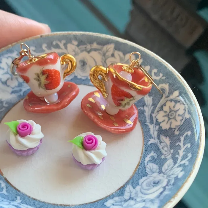 Love Vintage Paris Earrings Ceramic Tea Cup Earrings Opal Glass Handmade