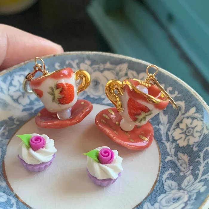 Love Vintage Paris Earrings Ceramic Tea Cup Earrings Opal Glass Handmade