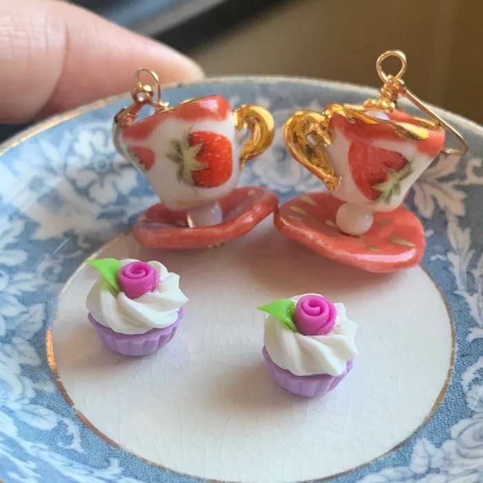 Love Vintage Paris Earrings Ceramic Tea Cup Earrings Opal Glass Handmade
