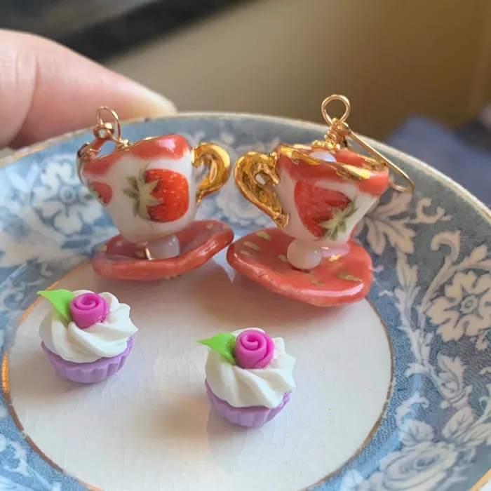 Love Vintage Paris Earrings Ceramic Tea Cup Earrings Opal Glass Handmade