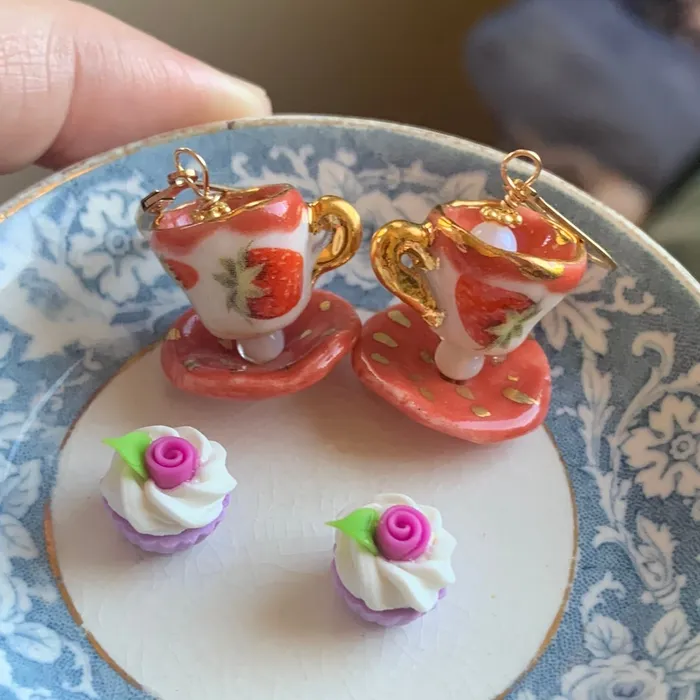 Love Vintage Paris Earrings Ceramic Tea Cup Earrings Opal Glass Handmade