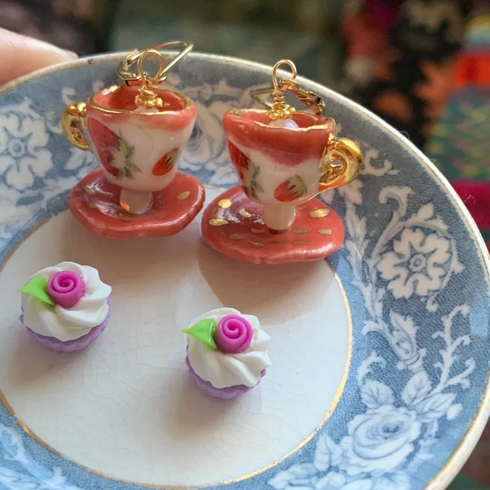 Love Vintage Paris Earrings Ceramic Tea Cup Earrings Opal Glass Handmade
