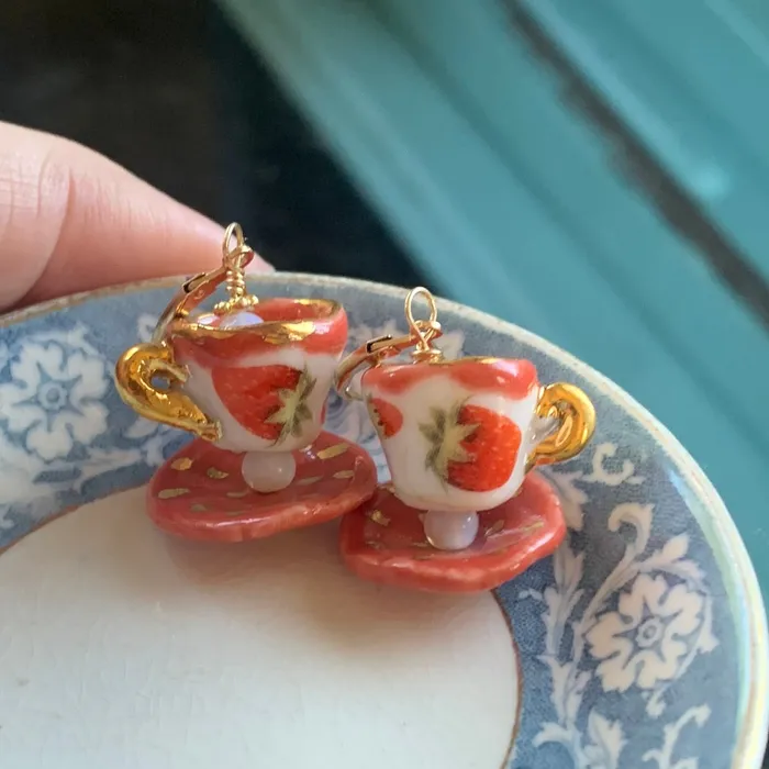 Love Vintage Paris Earrings Ceramic Tea Cup Earrings Opal Glass Handmade