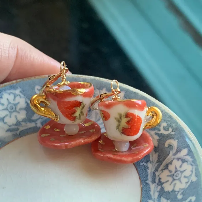 Love Vintage Paris Earrings Ceramic Tea Cup Earrings Opal Glass Handmade