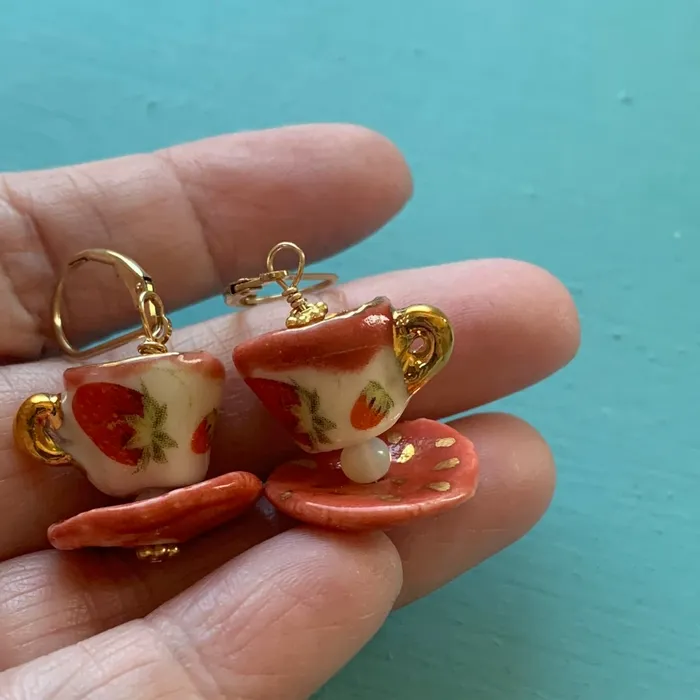 Love Vintage Paris Earrings Ceramic Tea Cup Earrings Opal Glass Handmade