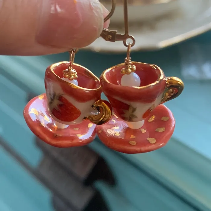 Love Vintage Paris Earrings Ceramic Tea Cup Earrings Opal Glass Handmade