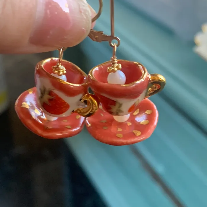 Love Vintage Paris Earrings Ceramic Tea Cup Earrings Opal Glass Handmade