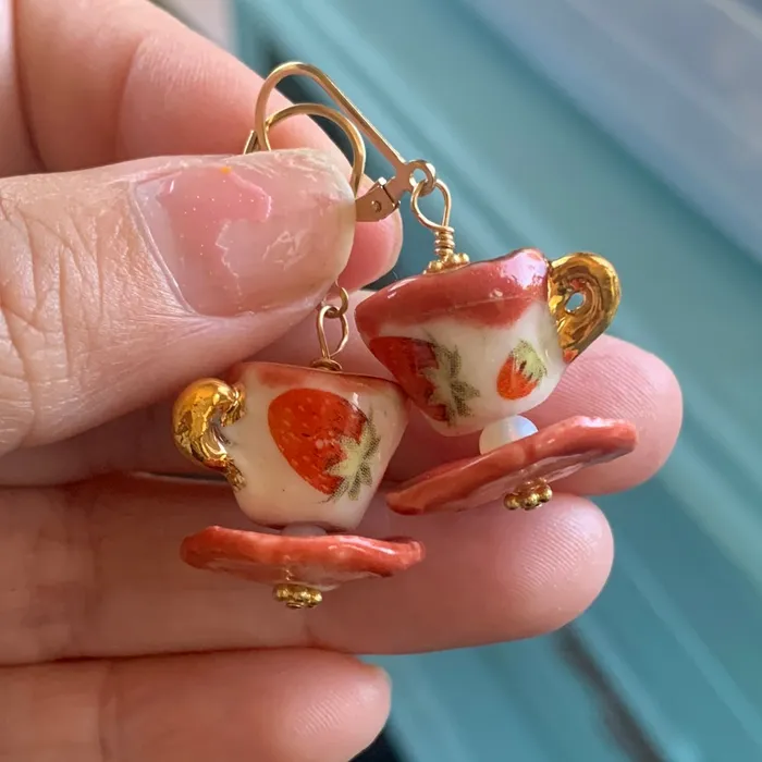 Love Vintage Paris Earrings Ceramic Tea Cup Earrings Opal Glass Handmade