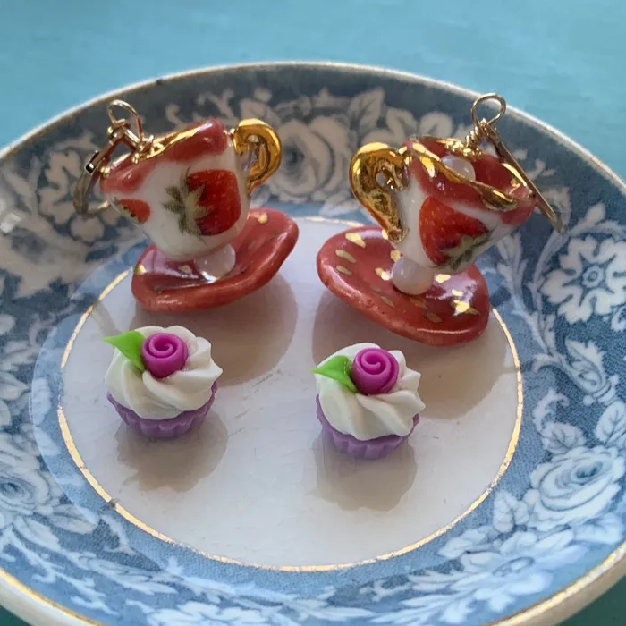 Love Vintage Paris Earrings Ceramic Tea Cup Earrings Opal Glass Handmade