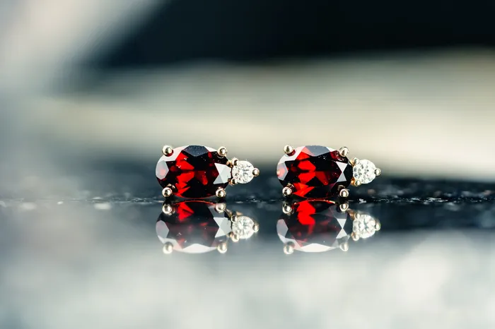 Prins Co Earrings 14k Yellow Gold Mozambique Garnet and Diamond Stud Earrings
