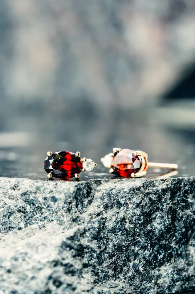 Prins Co Earrings 14k Yellow Gold Mozambique Garnet and Diamond Stud Earrings
