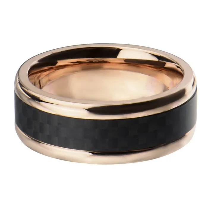 Rose Tone Stainless Steel Black Solid Carbon Fiber Band Ring INOX JEWELRY Rings