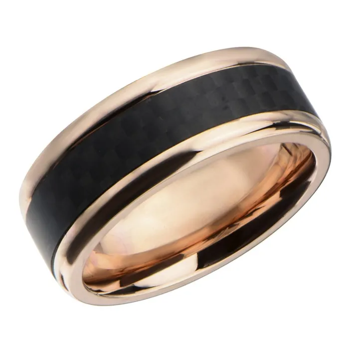 Rose Tone Stainless Steel Black Solid Carbon Fiber Band Ring INOX JEWELRY Rings