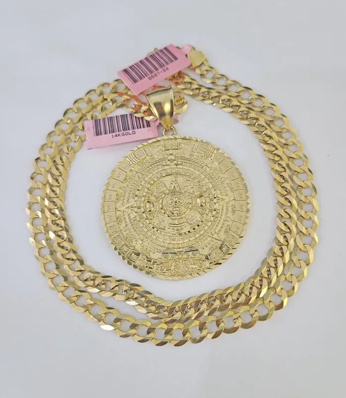 14k Gold Chain Mayan Calendar Charm Solid Cuban Curb 5mm 2028 SET Necklace Gold and Diamond Necklaces 14k Gold Chain Mayan Calendar Charm Solid Cuban Curb 5mm 2028 SET Necklace Gold and Diamond Necklaces