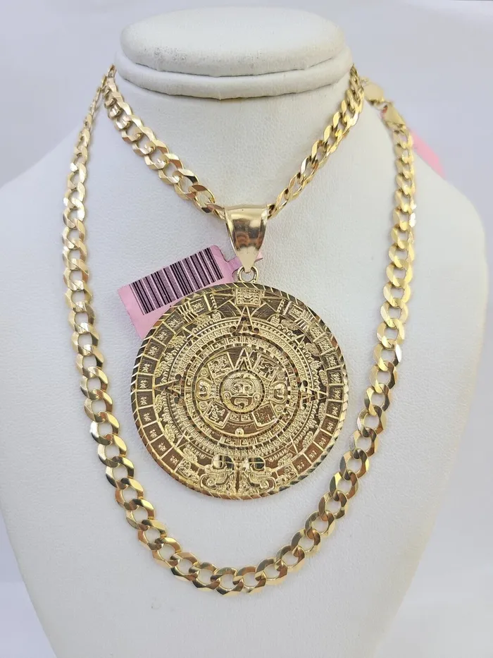 14k Gold Chain Mayan Calendar Charm Solid Cuban Curb 5mm 2028 SET Necklace Gold and Diamond Necklaces