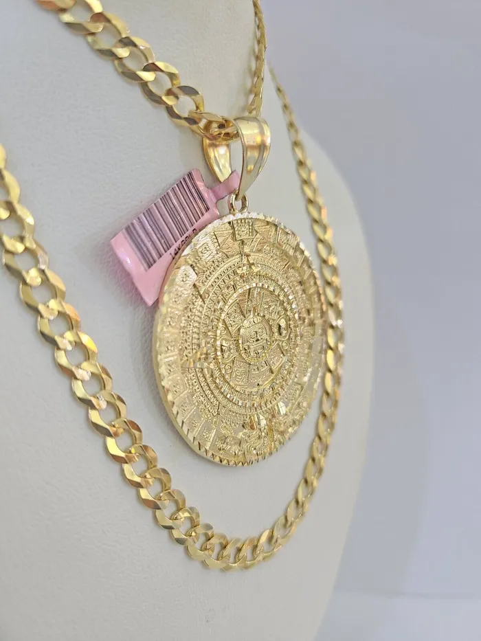 14k Gold Chain Mayan Calendar Charm Solid Cuban Curb 5mm 2028 SET Necklace Gold and Diamond Necklaces