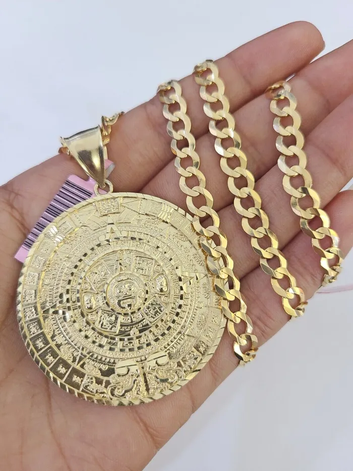 14k Gold Chain Mayan Calendar Charm Solid Cuban Curb 5mm 2028 SET Necklace Gold and Diamond Necklaces