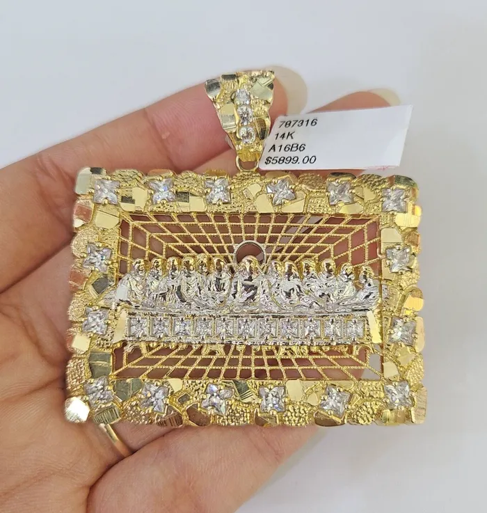 Charm Necklaces Globalwatches10 Real 10k Last Supper Pendant Charm Yellow Gold Mens Nugget 2 Diamond Cut