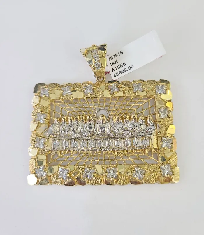 Charm Necklaces Globalwatches10 Real 10k Last Supper Pendant Charm Yellow Gold Mens Nugget 2 Diamond Cut