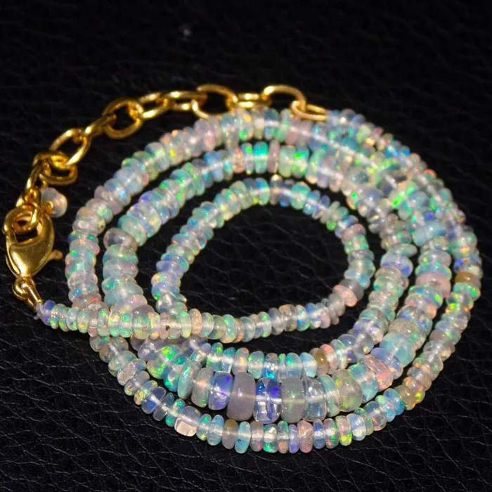 Ethiopian Opal Rondelle Gold Plated Gemstone Beads Necklace 4mm 2mm 17 Beads Supplies USA Necklaces