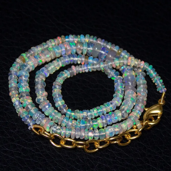 Ethiopian Opal Rondelle Gold Plated Gemstone Beads Necklace 4mm 2mm 17 Beads Supplies USA Necklaces
