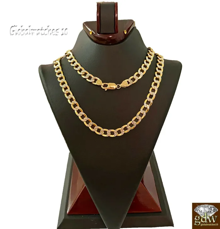 Gold and Diamond 10k Gold Cuban Link Chain Diamond Cut 8mm 26 inch Lobster Lock Real Gold PreStyled Sets