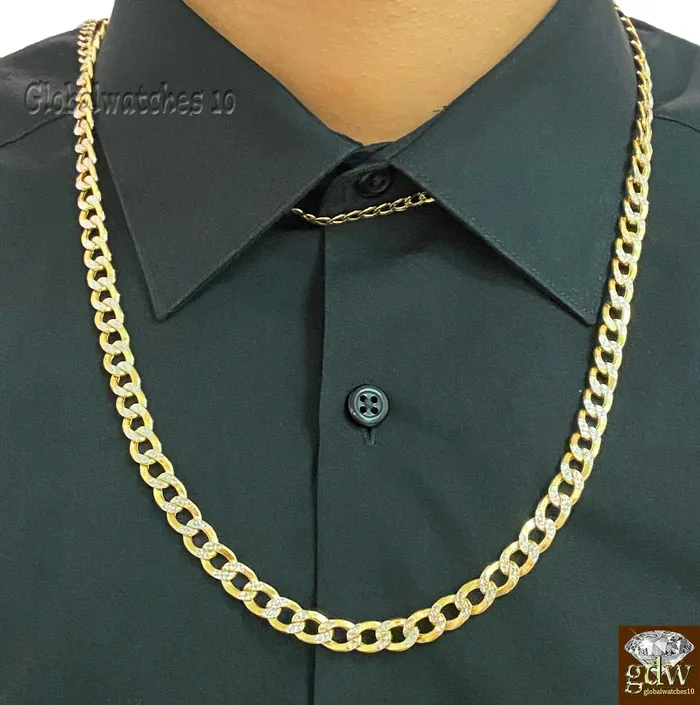 Gold and Diamond 10k Gold Cuban Link Chain Diamond Cut 8mm 26 inch Lobster Lock Real Gold PreStyled Sets
