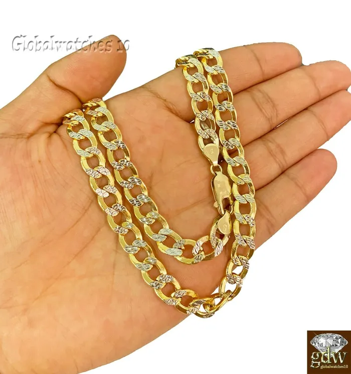 Gold and Diamond 10k Gold Cuban Link Chain Diamond Cut 8mm 26 inch Lobster Lock Real Gold PreStyled Sets
