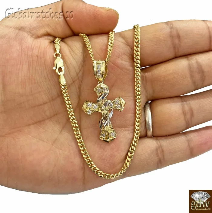 Gold and Diamond 10k Gold Men Cross Charm Pendant Miami Cuban Rope Chain 20 22 24 26 Inch Necklaces