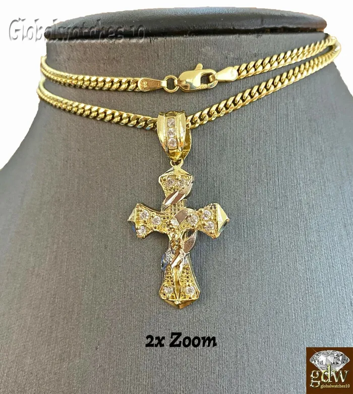 Gold and Diamond 10k Gold Men Cross Charm Pendant Miami Cuban Rope Chain 20 22 24 26 Inch Necklaces
