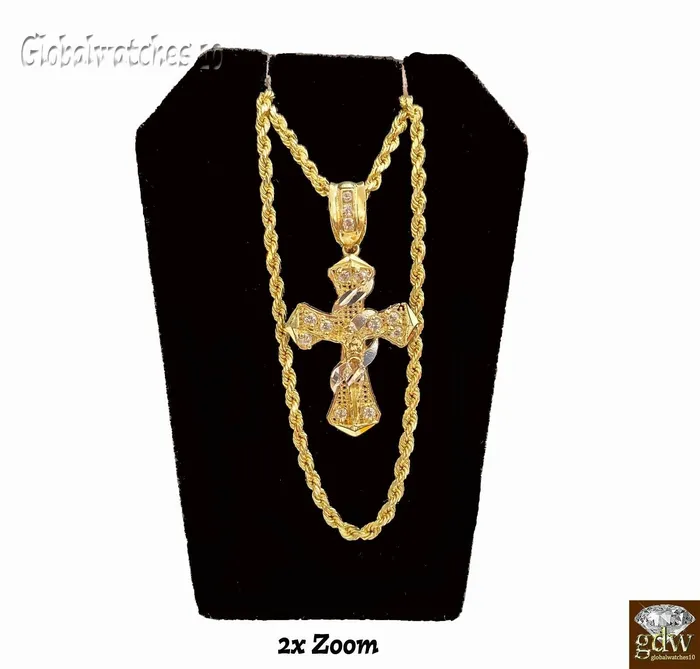 Gold and Diamond 10k Gold Men Cross Charm Pendant Miami Cuban Rope Chain 20 22 24 26 Inch Necklaces