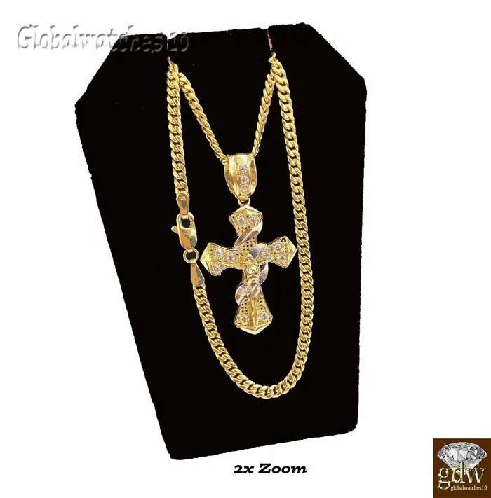 Gold and Diamond 10k Gold Men Cross Charm Pendant Miami Cuban Rope Chain 20 22 24 26 Inch Necklaces