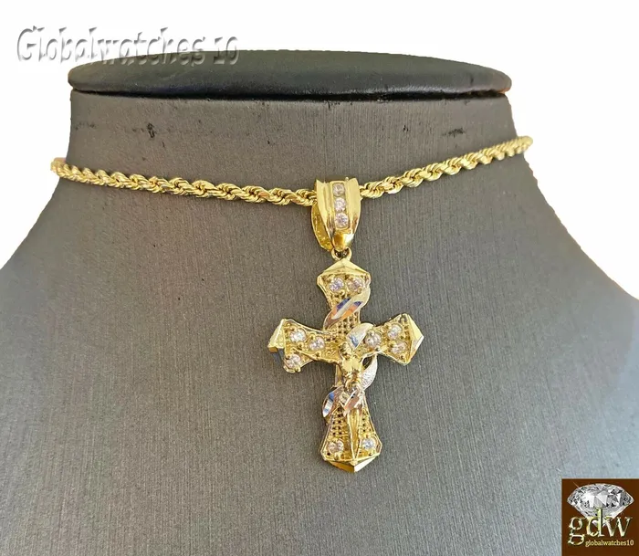 Gold and Diamond 10k Gold Men Cross Charm Pendant Miami Cuban Rope Chain 20 22 24 26 Inch Necklaces