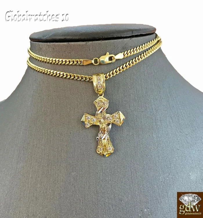 Gold and Diamond 10k Gold Men Cross Charm Pendant Miami Cuban Rope Chain 20 22 24 26 Inch Necklaces