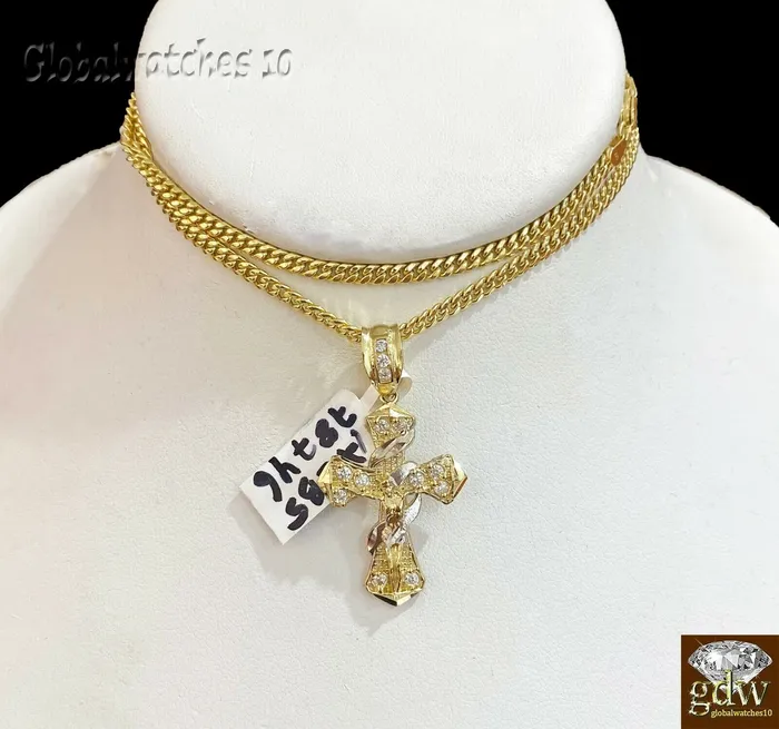 Gold and Diamond 10k Gold Men Cross Charm Pendant Miami Cuban Rope Chain 20 22 24 26 Inch Necklaces