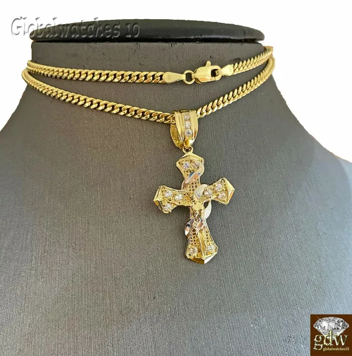 Gold and Diamond 10k Gold Men Cross Charm Pendant Miami Cuban Rope Chain 20 22 24 26 Inch Necklaces