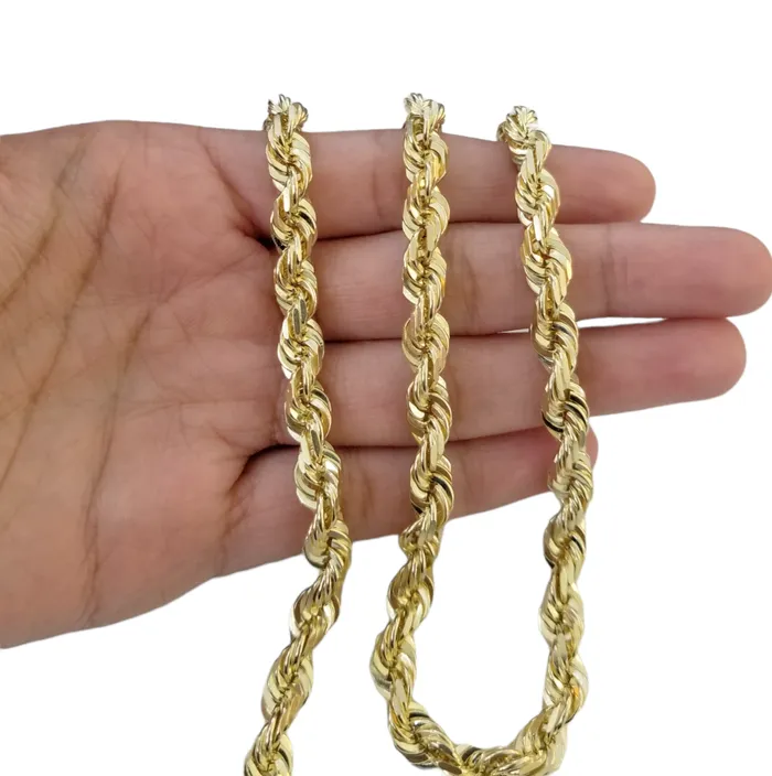 Gold and Diamond Necklaces 10k Gold Rope Chain For Men Necklace Diamond Cut 6mm 28 Inch SOLID On Sale