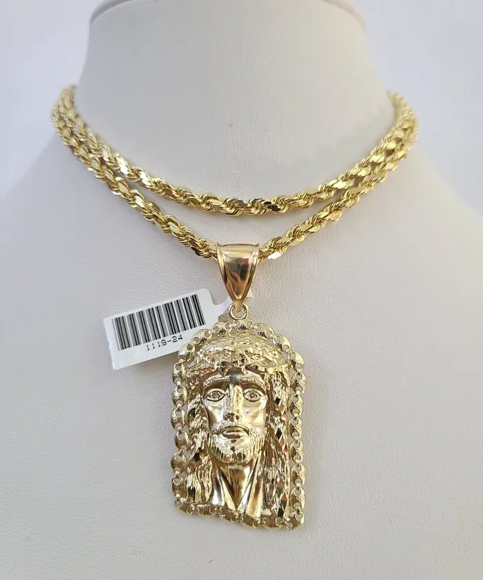 Gold and Diamond Necklaces 10k Solid Rope Chain 4mm Jesus Head Pendant Charm Necklace SET 2028 in Gold and Diamond Necklaces 10k Solid Rope Chain 4mm Jesus Head Pendant Charm Necklace SET 2028 in