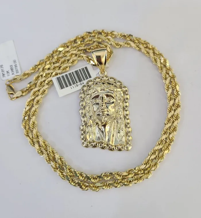 Gold and Diamond Necklaces 10k Solid Rope Chain 4mm Jesus Head Pendant Charm Necklace SET 2028 in
