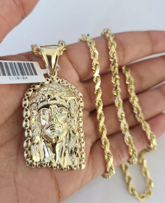 Gold and Diamond Necklaces 10k Solid Rope Chain 4mm Jesus Head Pendant Charm Necklace SET 2028 in