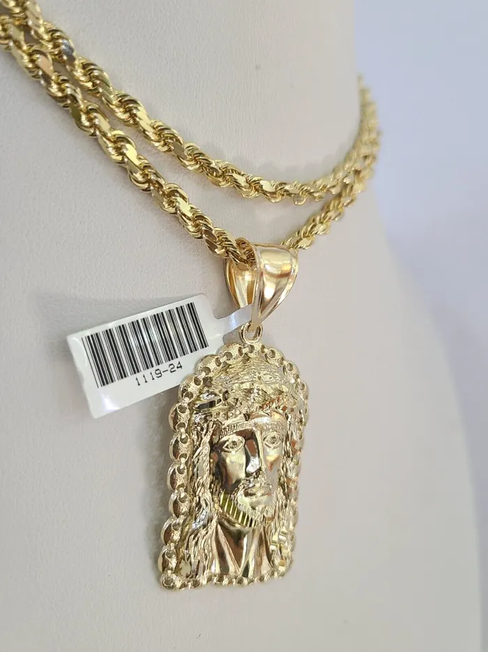 Gold and Diamond Necklaces 10k Solid Rope Chain 4mm Jesus Head Pendant Charm Necklace SET 2028 in