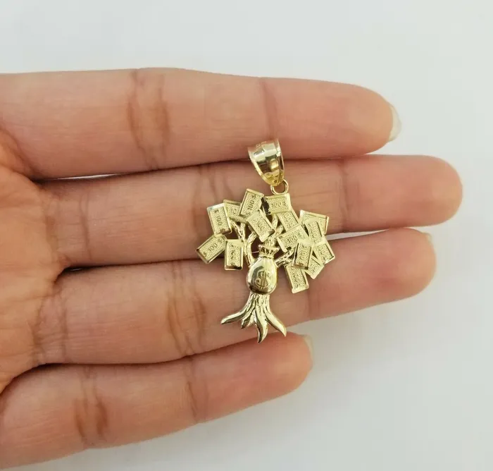 Gold and Diamond Necklaces 10K Yellow Gold Money Tree Pendant Diamond Cut 10KT Real Gold 100 sign bag