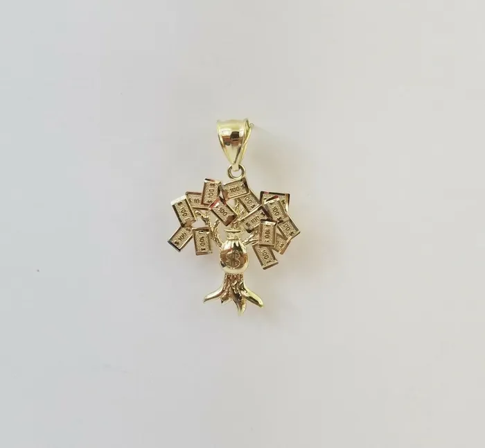 Gold and Diamond Necklaces 10K Yellow Gold Money Tree Pendant Diamond Cut 10KT Real Gold 100 sign bag
