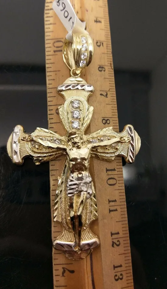 Gold and Diamond Necklaces Real 10k Yellow Gold Jesus Crucifix Cross Charm Diamond Cut Pendant