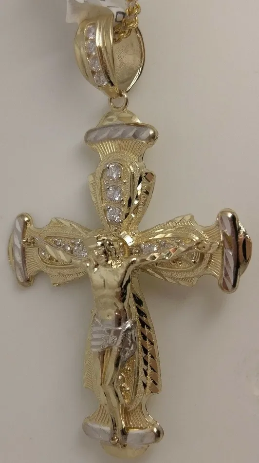 Gold and Diamond Necklaces Real 10k Yellow Gold Jesus Crucifix Cross Charm Diamond Cut Pendant