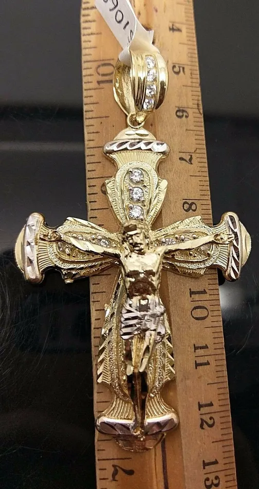 Gold and Diamond Necklaces Real 10k Yellow Gold Jesus Crucifix Cross Charm Diamond Cut Pendant